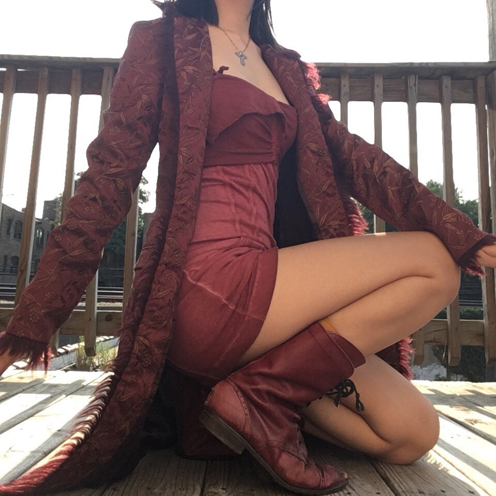 vintage betsey johnson long burgundy red jacket